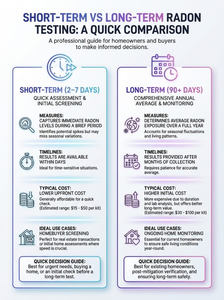 Short-Term vs Long-Term Radon Testing infographic