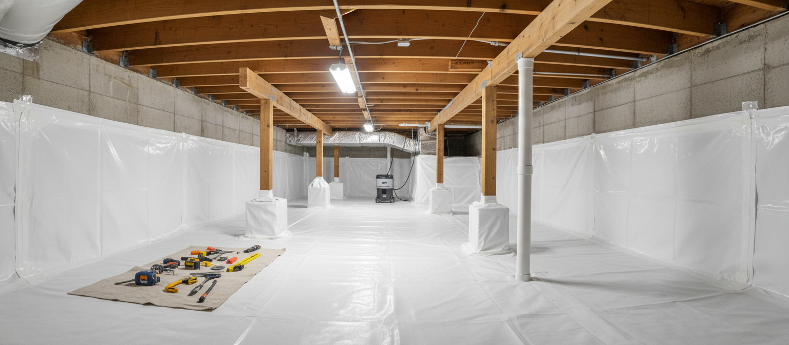 Professional crawl space encapsulation with vapor barrier installation in Columbus Ohio