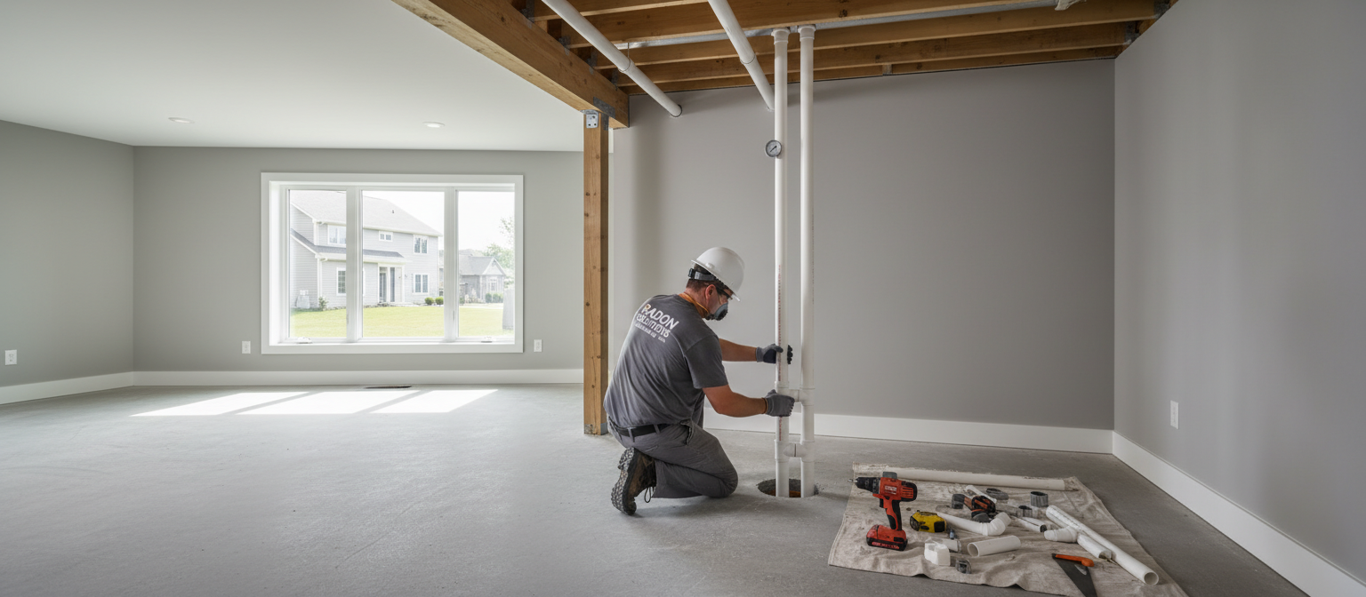 Professional radon mitigation system installation in a Columbus Ohio home