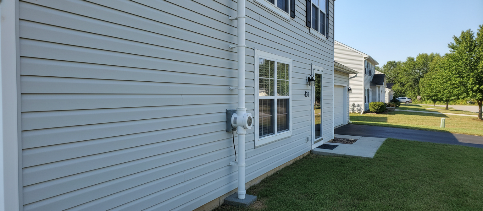 Radon mitigation system installation with PVC piping and fan in a Columbus Ohio home