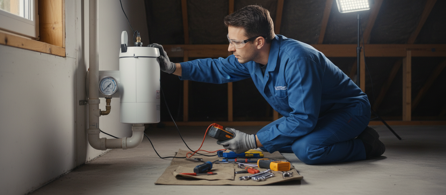 Radon system maintenance technician inspecting a mitigation system in a Columbus Ohio home