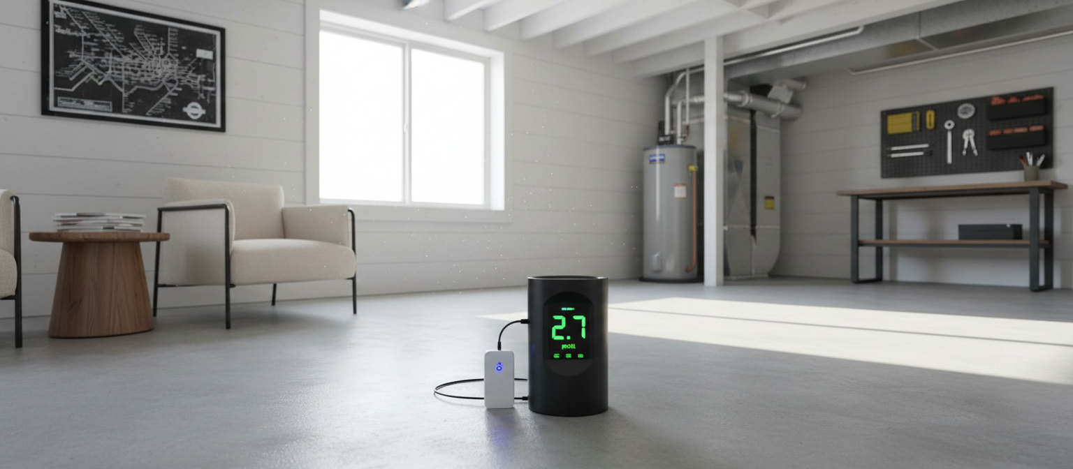Professional radon testing equipment in a Columbus Ohio home